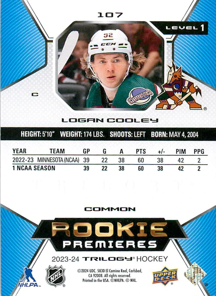 2023-24 UD Trilogy - Logan Cooley - Rookie Premieres /999 #107