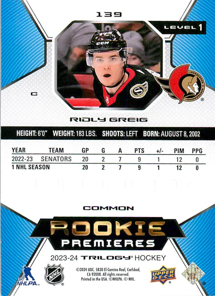 2023-24 UD Trilogy - Ridly Greig - Rookie Premieres /999 #139