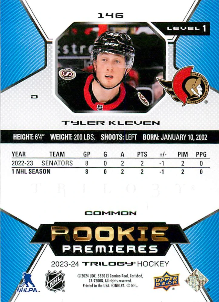 2023-24 UD Trilogy - Tyler Kleven - Rookie Premieres /999 #146