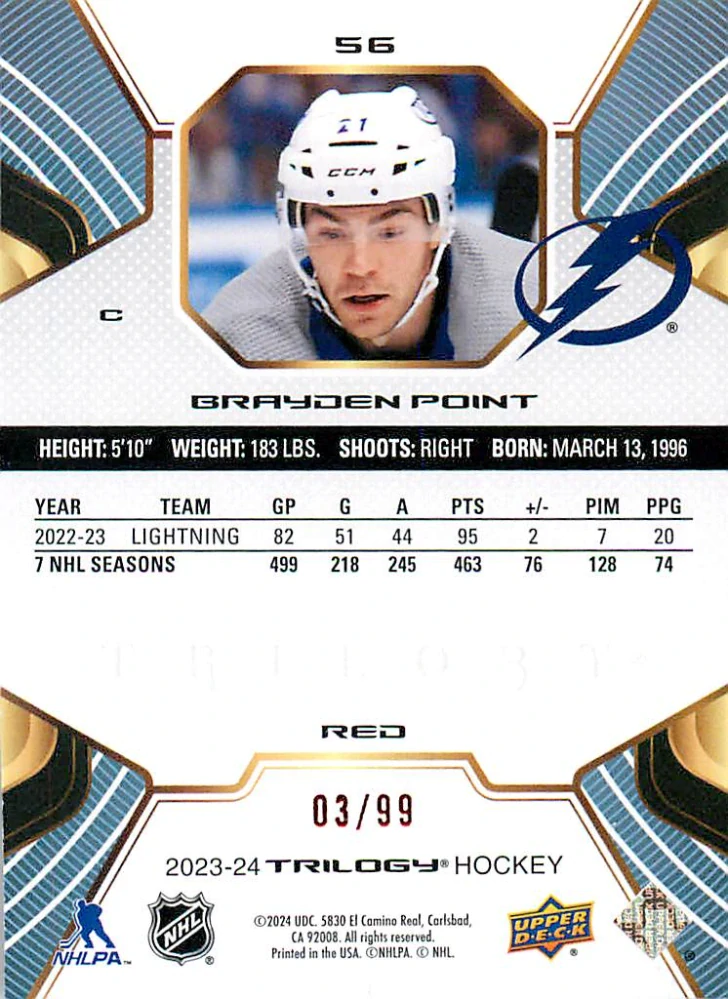 2023-24 UD Trilogy - Brayden Point - Red /99 #56