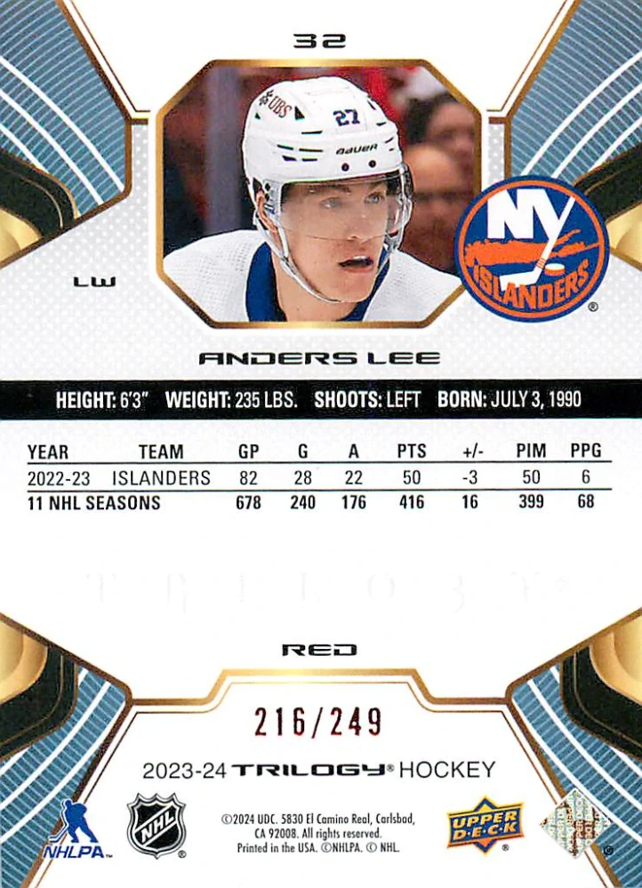 2023-24 UD Trilogy - Anders Lee - Red /249 #76