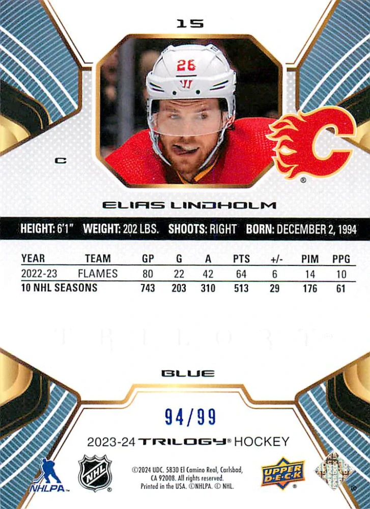 2023-24 UD Trilogy - Elias Lindholm - Blue /99 #15