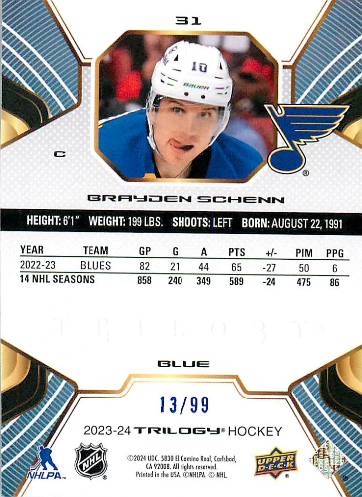 2023-24 UD Trilogy - Bradyen Schenn - Blue /99 #31