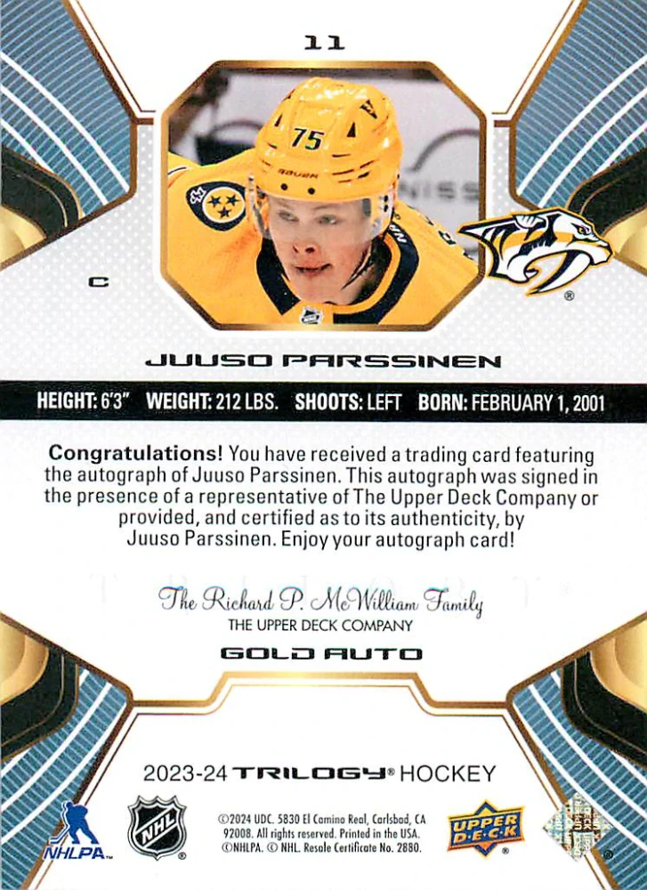 2023-24 UD Trilogy - Juuso Parssinen - Gold Autographs #11