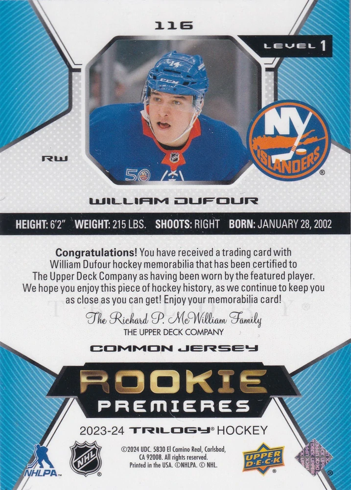 2023-24 UD Trilogy - William Dufour - Rookie Premieres Jersey /499 #116