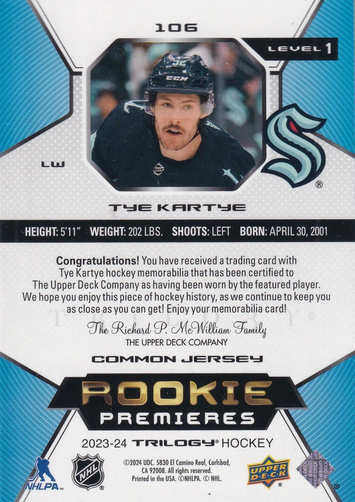 2023-24 UD Trilogy - Tye Kartye - Rookie Premieres Jersey /499 #106