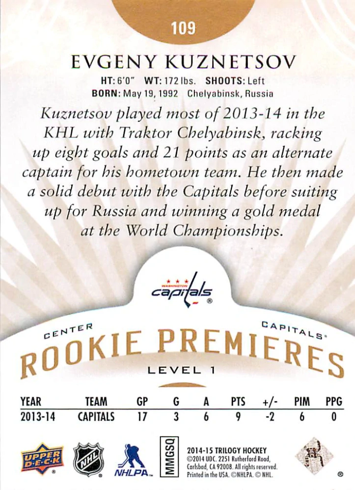 2014-15 UD Trilogy - Evgeny Kuznetsov - Rookie Premieres /799 #109