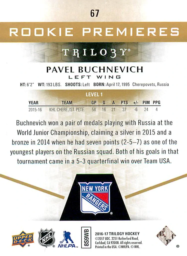 2016-17 UD Trilogy - Pavel Buchnevich - Rookie Premieres /999 #67
