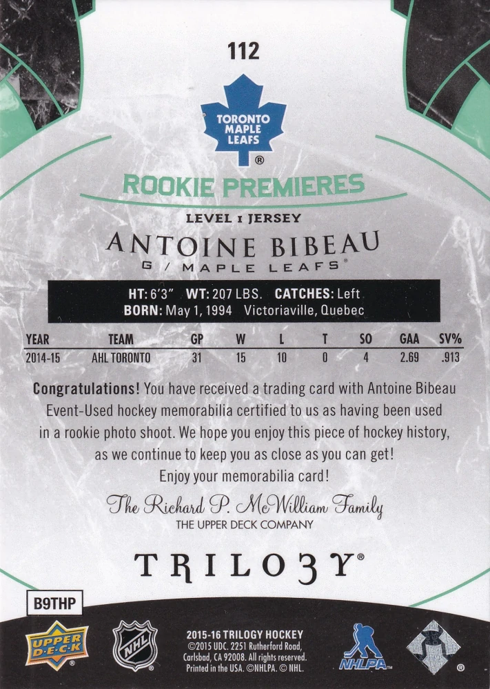 2015-16 UD Trilogy - Antoine Bibeau - Rookie Premieres Jersey /599 #112