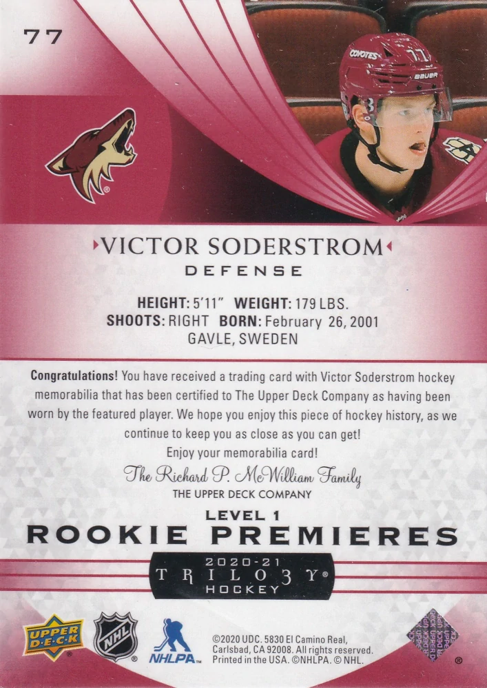 2020-21 UD Trilogy - Victor Soderstrom - Rookie Premieres - Red Foil Jerseys /499 #77