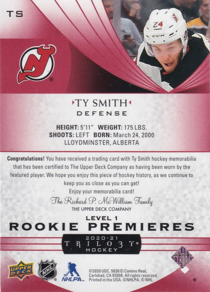 2020-21 UD Trilogy - Ty Smith - Rookie Premieres - Red Foil Jerseys /499 #TS
