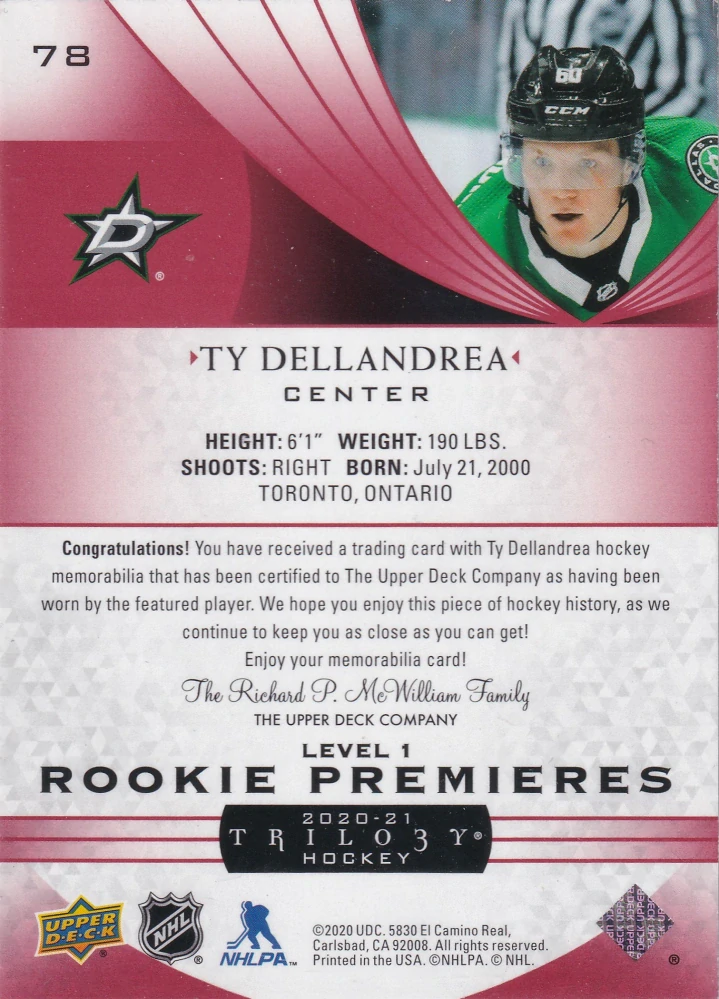 2020-21 UD Trilogy - Ty Dellandrea - Rookie Premieres - Red Foil Jerseys /499 #78
