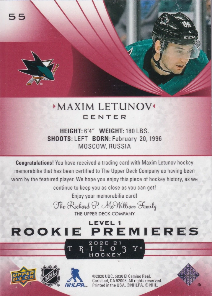 2020-21 UD Trilogy - Maxim Letunov - Rookie Premieres - Red Foil Jerseys /499 #55
