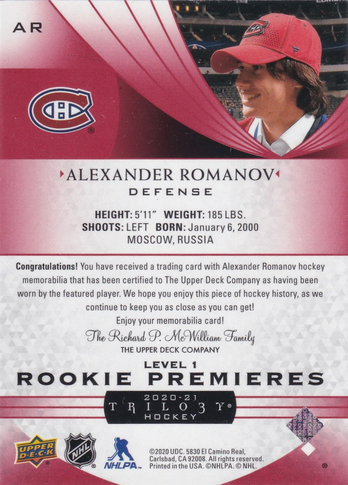 2020-21 UD Trilogy - Alexander Romanov - Rookie Premieres - Red Foil Jerseys /499 #AR