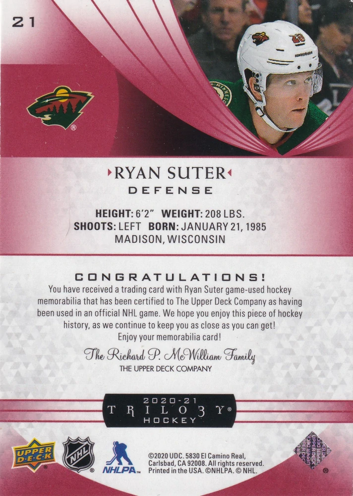 2020-21 UD Trilogy - Ryan Suter - Red Foil Jerseys #21