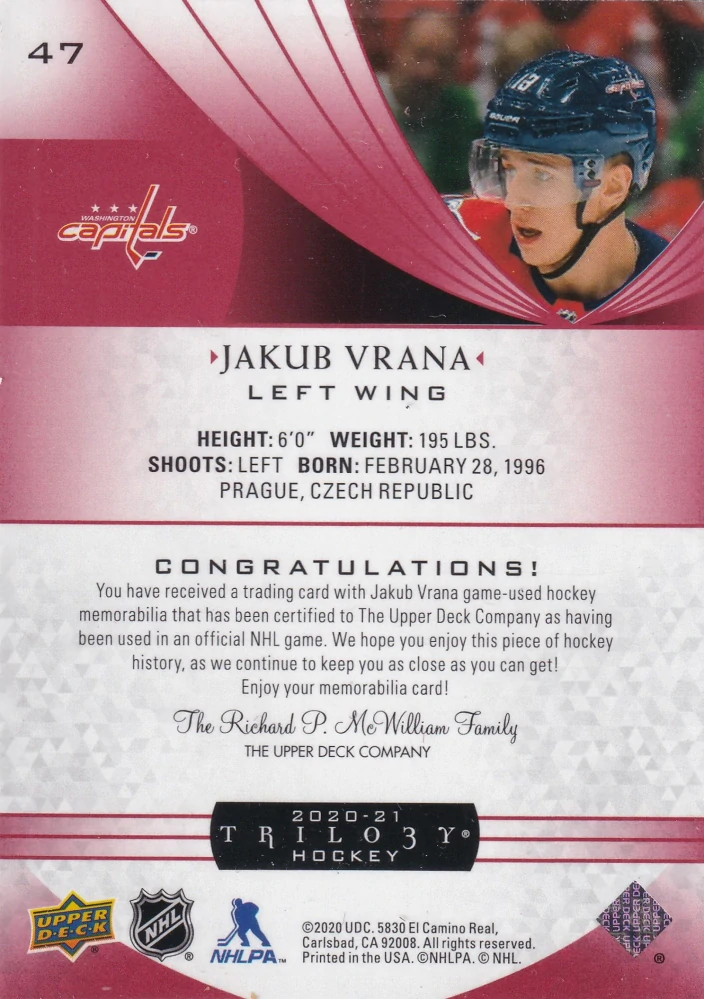 2020-21 UD Trilogy - Jakub Vrána - Red Foil Jerseys #47