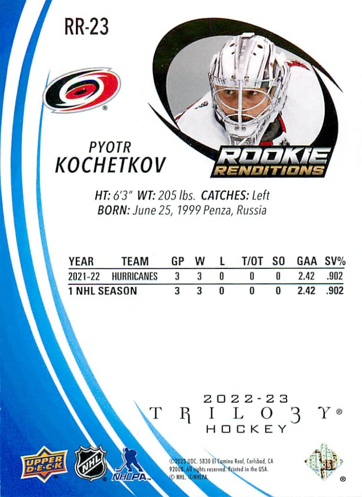2022-23 UD Trilogy - Pyotr Kochetkov - Rookie Renditions Blue /399 #RR-23