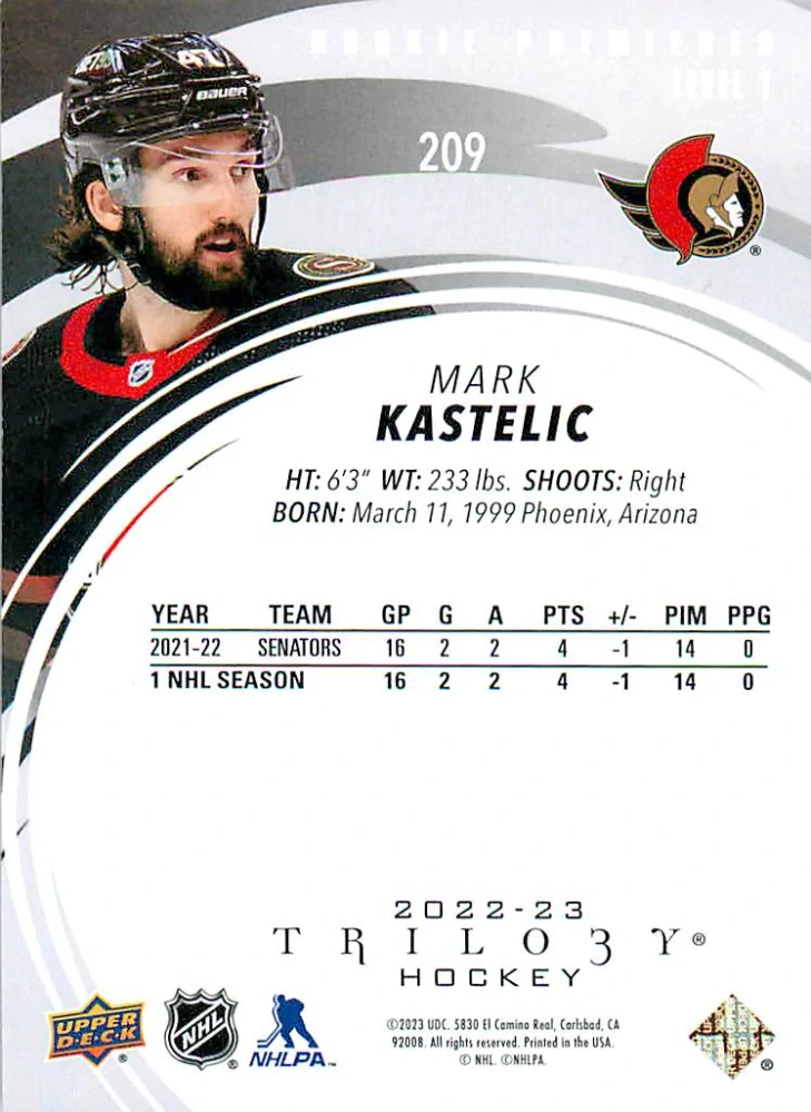 2022-23 UD Trilogy - Mark Kastelic - Rookie Premieres /299 #209