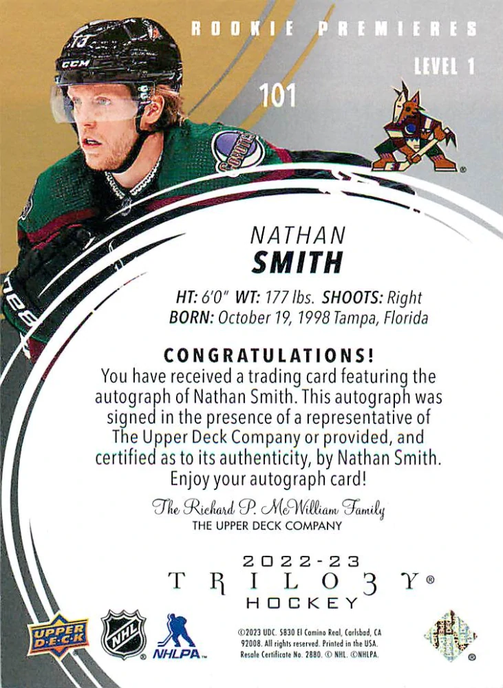 2022-23 UD Trilogy - Nathan Smith - Rookie Premieres Autographs /449 #101