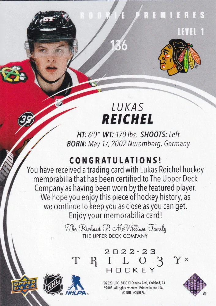 2022-23 UD Trilogy - Lukas Reichel - Rookie Premieres Jersey /499 #136