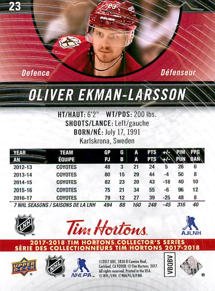 2017-18 UD Tim Hortons Collector's Series - Oliver Ekman-Larsson #23
