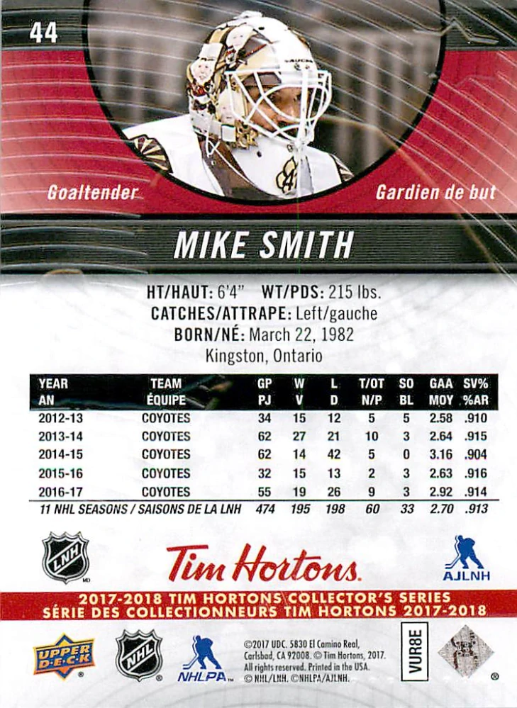 2017-18 UD Tim Hortons Collector's Series - Mike Smith #44