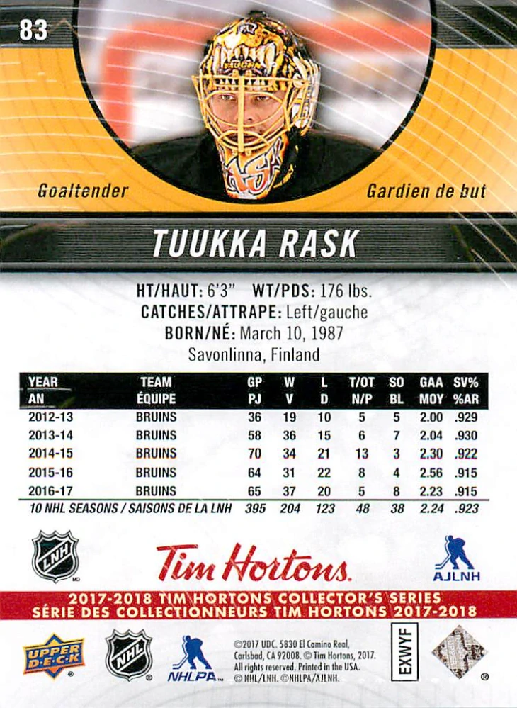 2017-18 UD Tim Hortons Collector's Series - Tuukka Rask #83