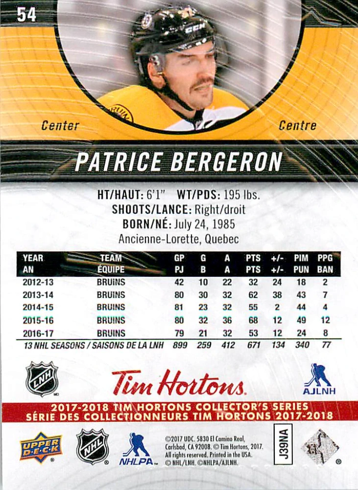 2017-18 UD Tim Hortons Collector's Series - Patrice Bergeron #54