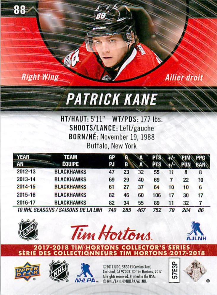 2017-18 UD Tim Hortons Collector's Series - Patrick Kane #88