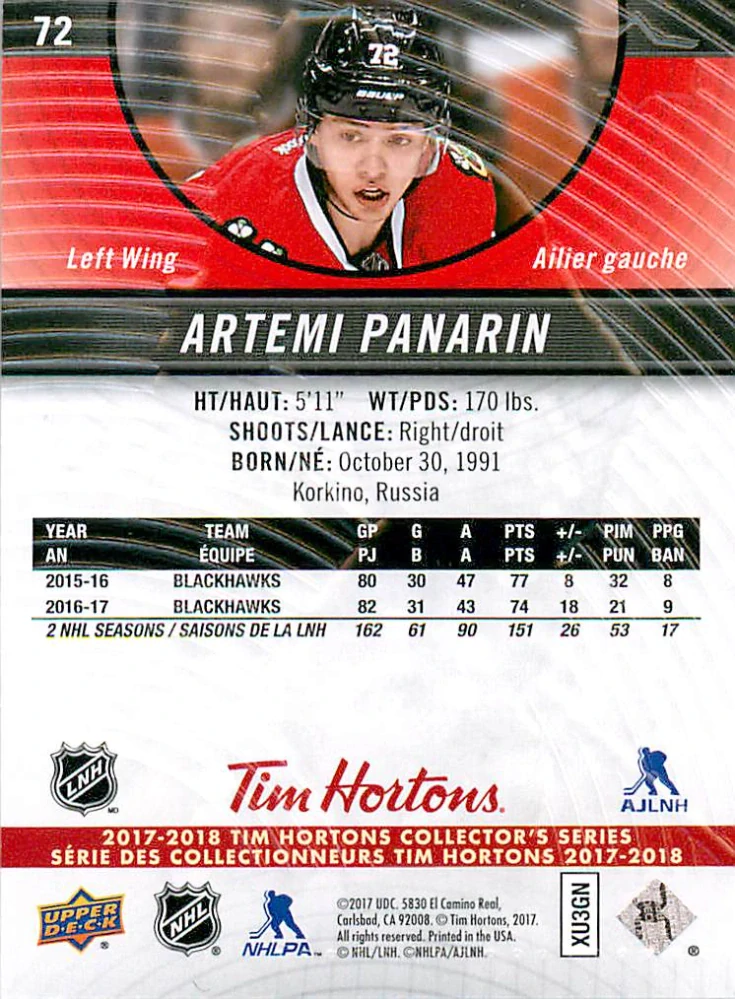 2017-18 UD Tim Hortons Collector's Series - Artemi Panarin #72