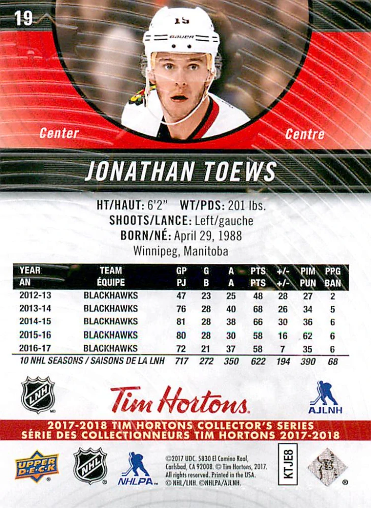 2017-18 UD Tim Hortons Collector's Series - Jonathan Toews #19