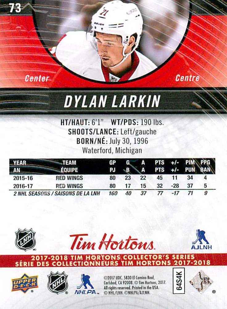 2017-18 UD Tim Hortons Collector's Series - Dylan Larkin #73
