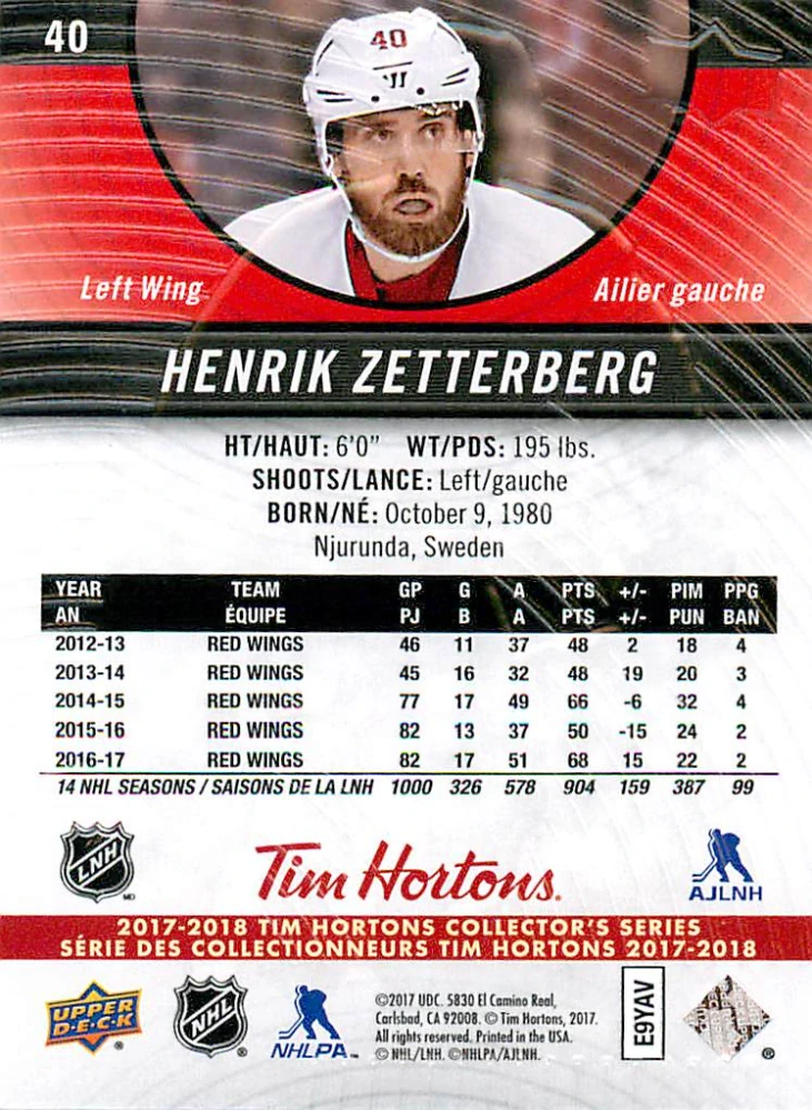 2017-18 UD Tim Hortons Collector's Series - Henrik Zetterberg #40