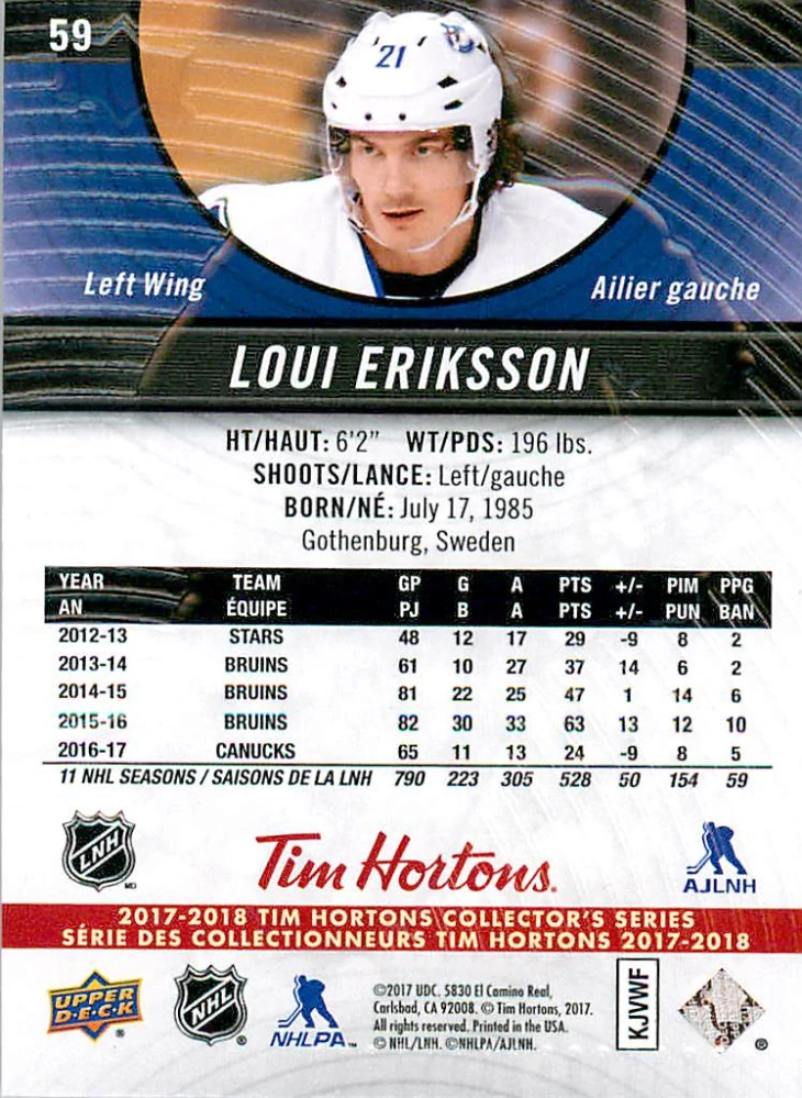 2017-18 UD Tim Hortons Collector's Series - Loui Eriksson #59