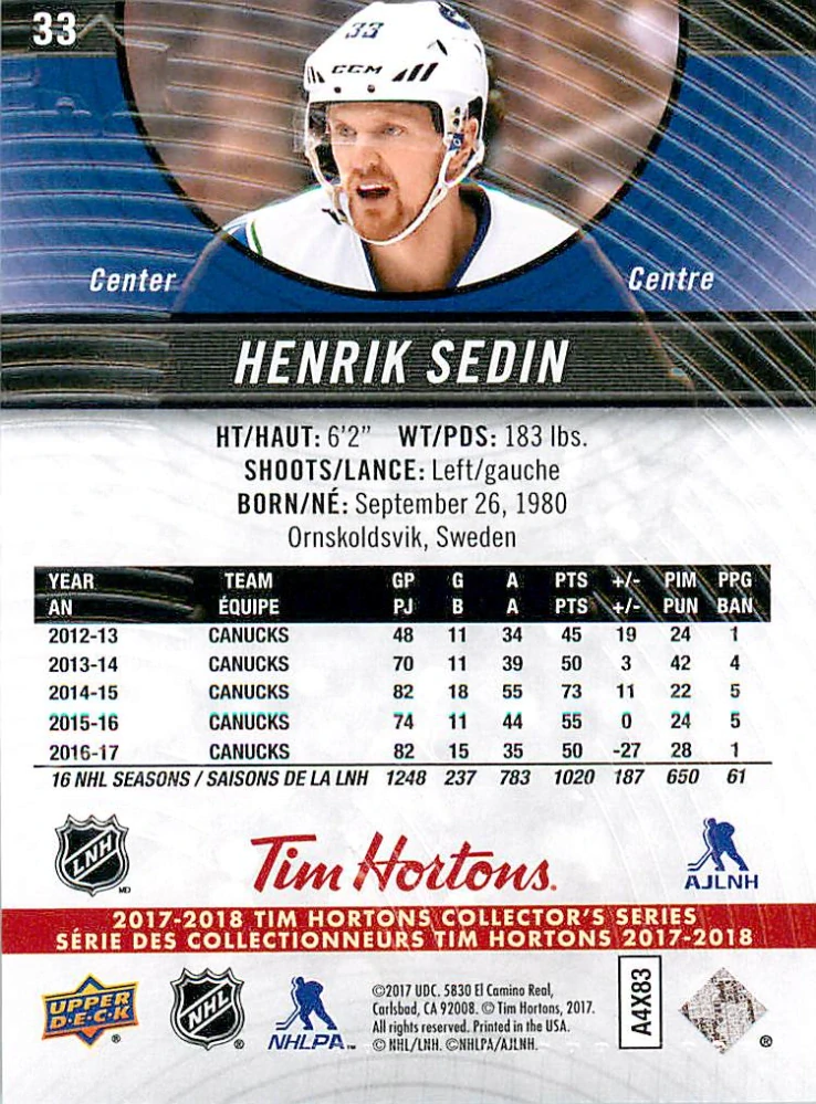 2017-18 UD Tim Hortons Collector's Series - Henrik Sedin #33