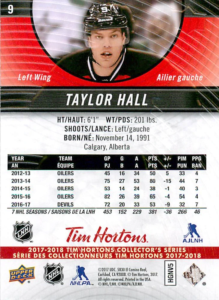 2017-18 UD Tim Hortons Collector's Series - Taylor Hall #9