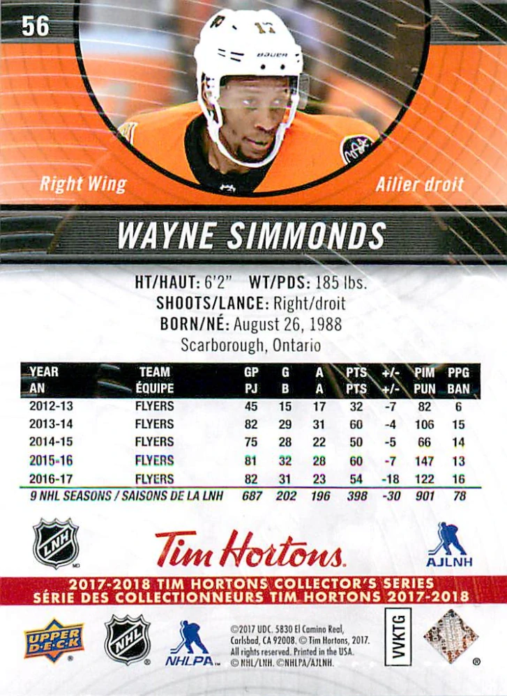 2017-18 UD Tim Hortons Collector's Series - Wayne Simmonds #56