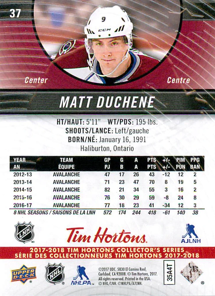 2017-18 UD Tim Hortons Collector's Series - Matt Duchene #37