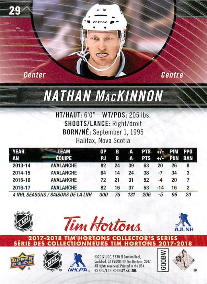 2017-18 UD Tim Hortons Collector's Series - Nathan MacKinnon #29