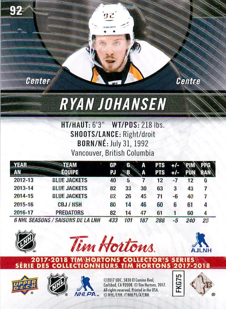 2017-18 UD Tim Hortons Collector's Series - Ryan Johansen #92
