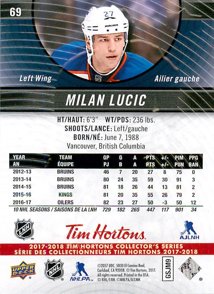 2017-18 UD Tim Hortons Collector's Series - Milan Lucic #69