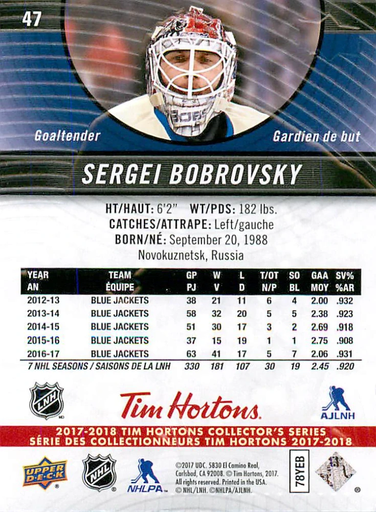 2017-18 UD Tim Hortons Collector's Series - Sergei Bobrovsky #47