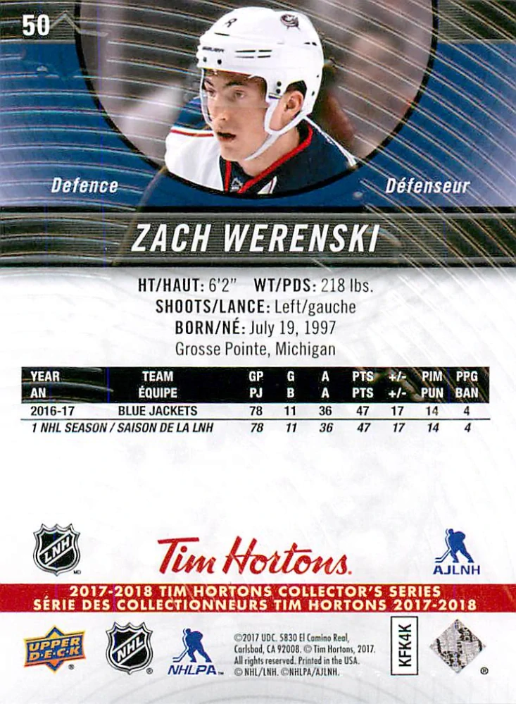 2017-18 UD Tim Hortons Collector's Series - Zach Werensky #50