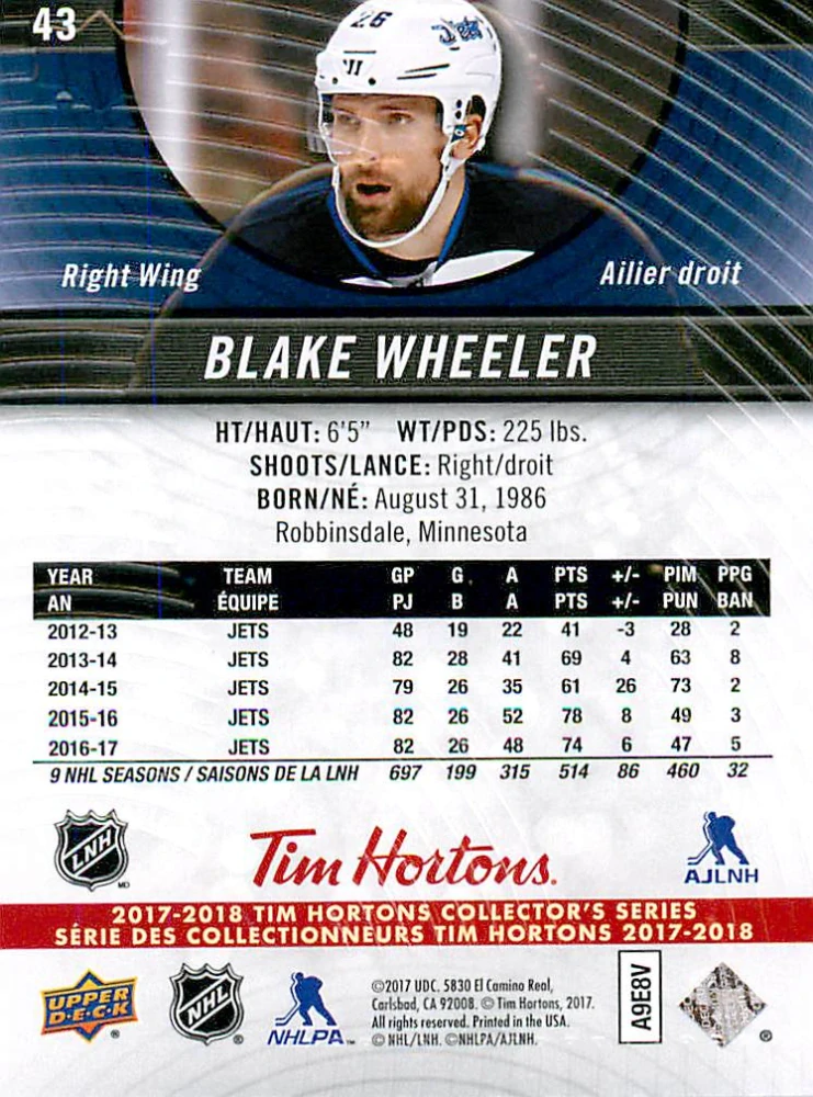 2017-18 UD Tim Hortons Collector's Series - Blake Wheeler #43