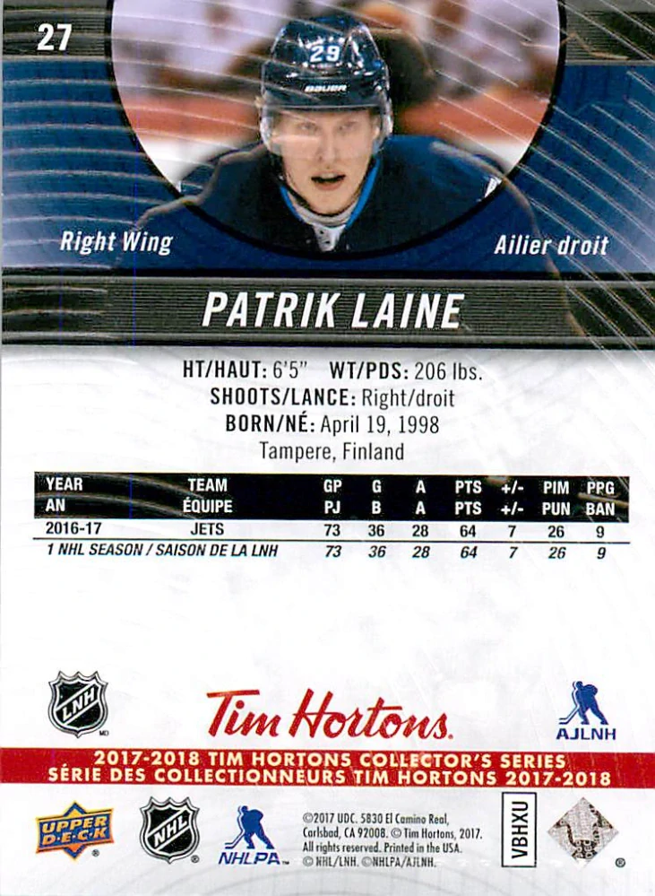 2017-18 UD Tim Hortons Collector's Series - Patrik Laine #27