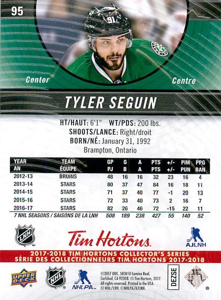 2017-18 UD Tim Hortons Collector's Series - Tyler Seguin #95