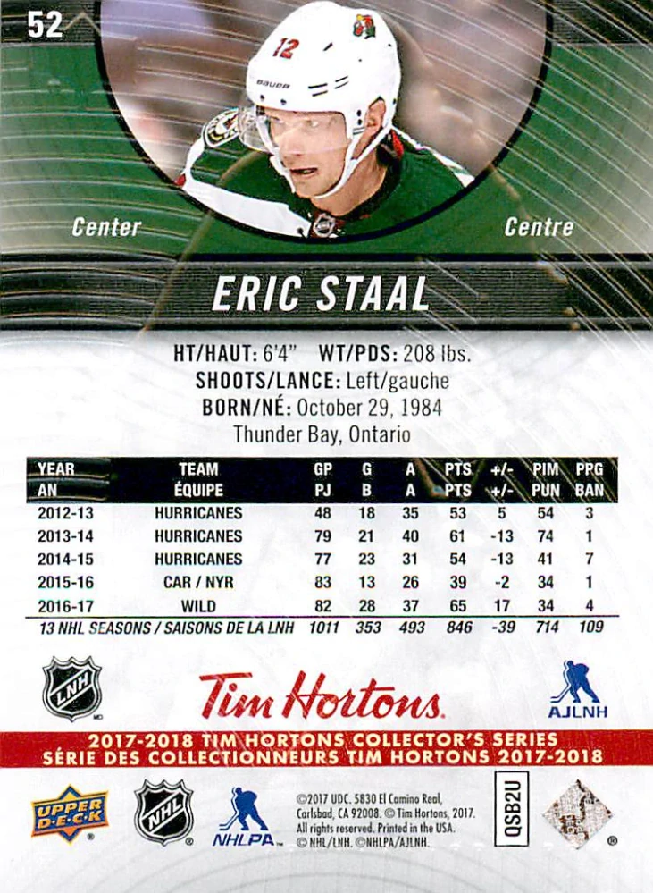 2017-18 UD Tim Hortons Collector's Series - Eric Staal #52