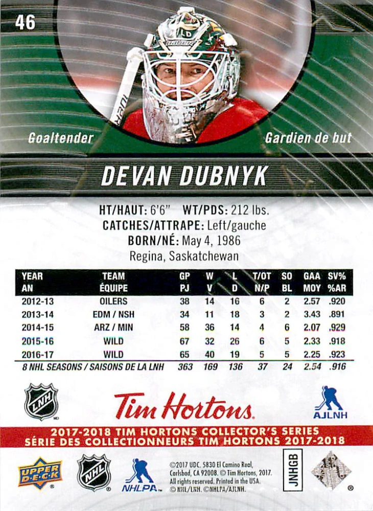 2017-18 UD Tim Hortons Collector's Series - Devan Dubnyk #46