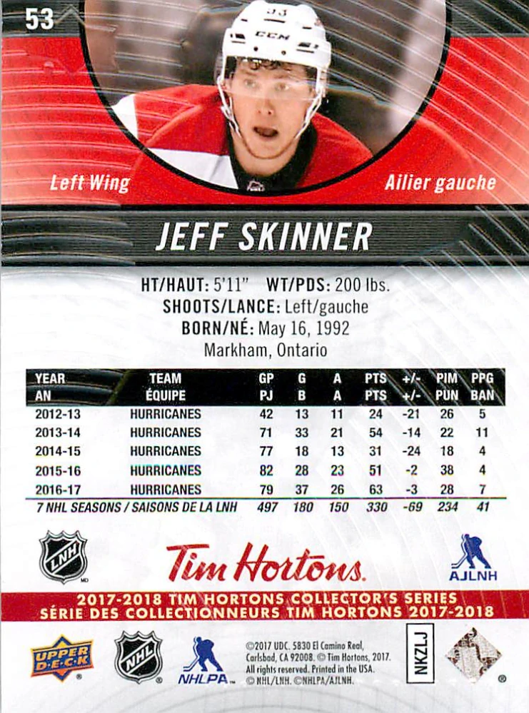 2017-18 UD Tim Hortons Collector's Series - Jeff Skinner #53
