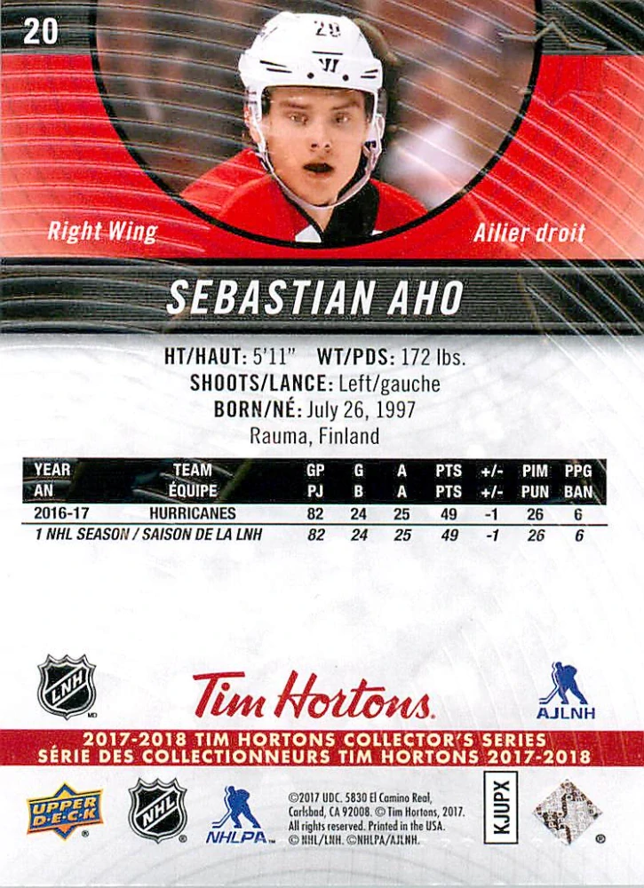2017-18 UD Tim Hortons Collector's Series - Sebastian Aho #20